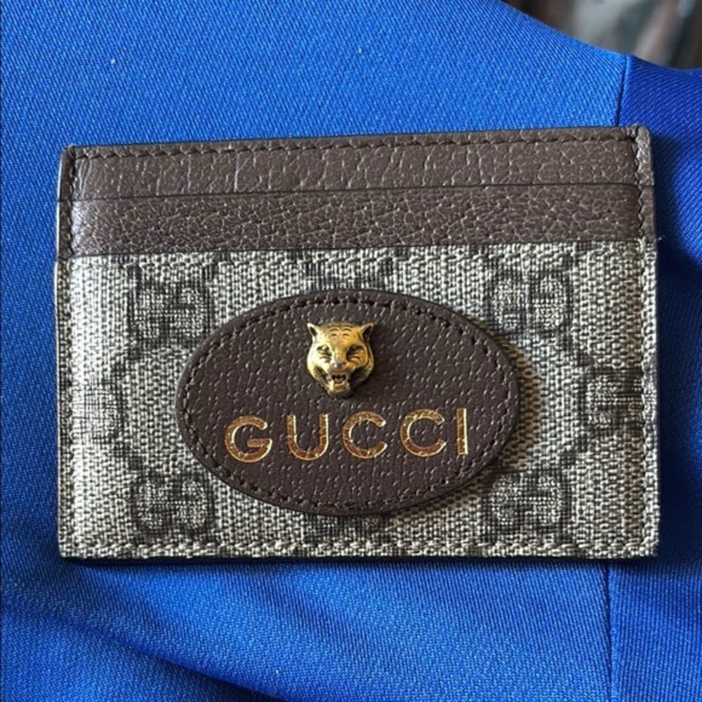 Gucci Brown and Gray Key Card Holder with Feline Emblem